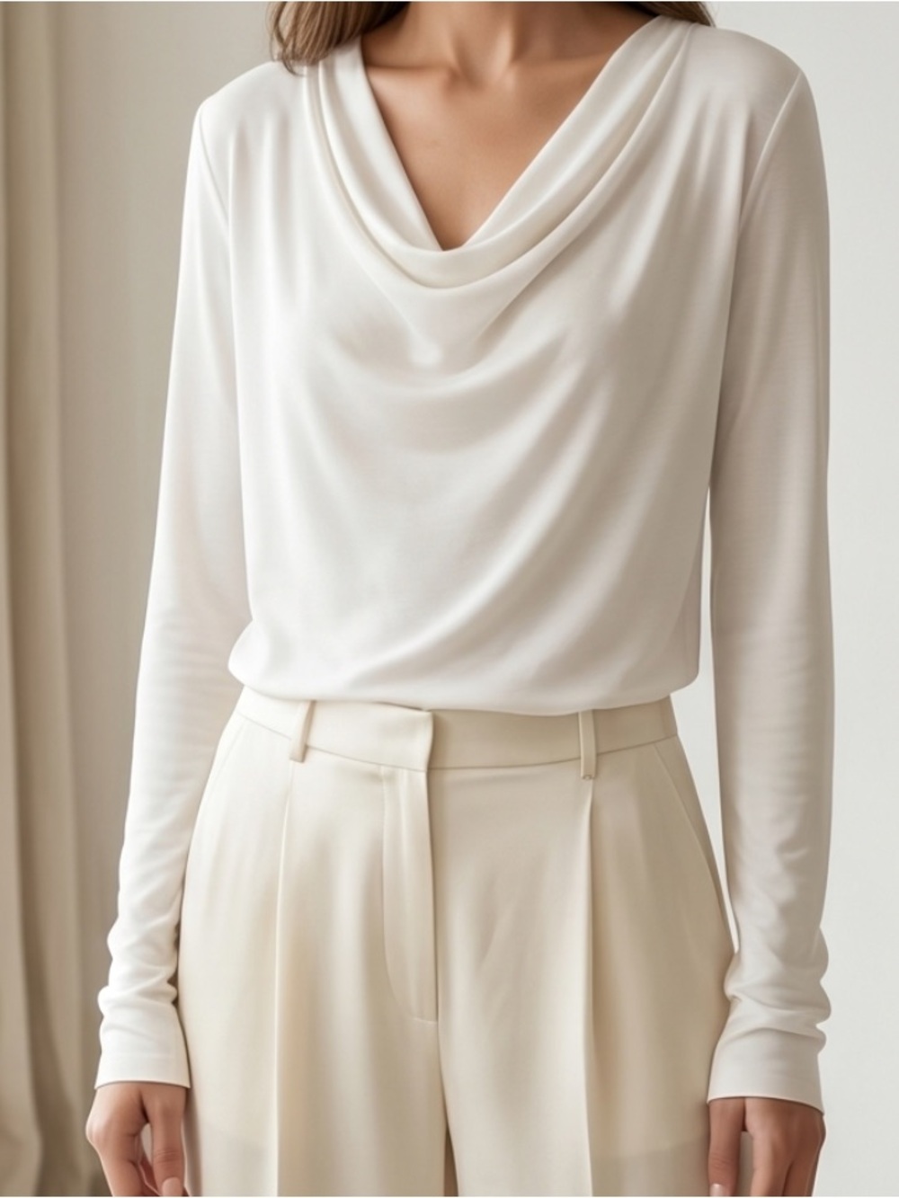Women's Cream Cowl Neck Long Sleeve Top
